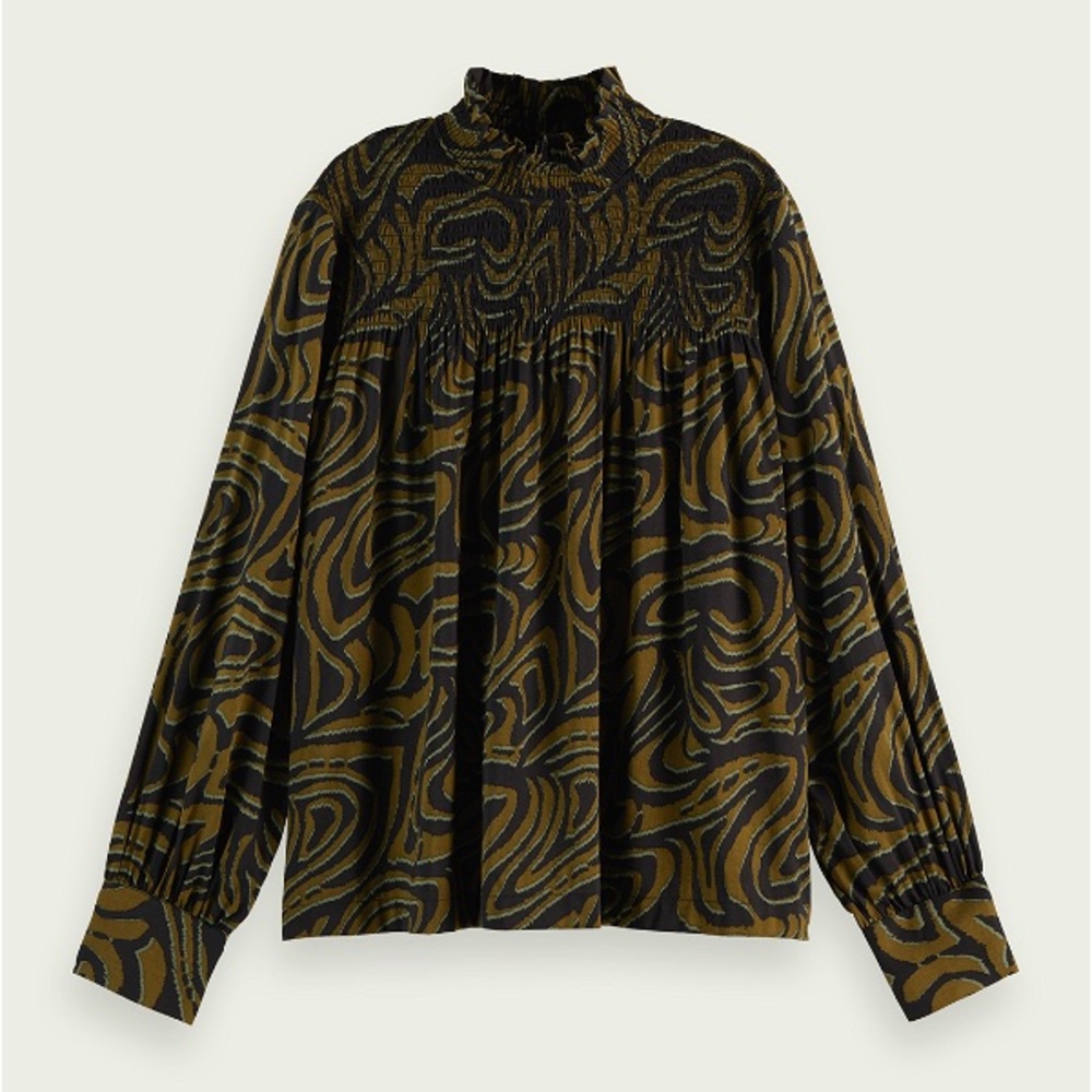 Scotch & Soda smocked neck cotton blend blouse
